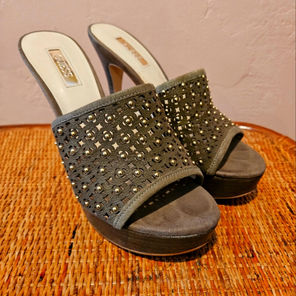 GUESS "Kamari" Suede Gold Studded Platform Mules